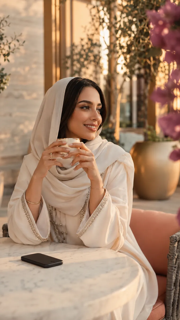 صاحبة صالون تستريح مع فنجان قهوة في مقهى