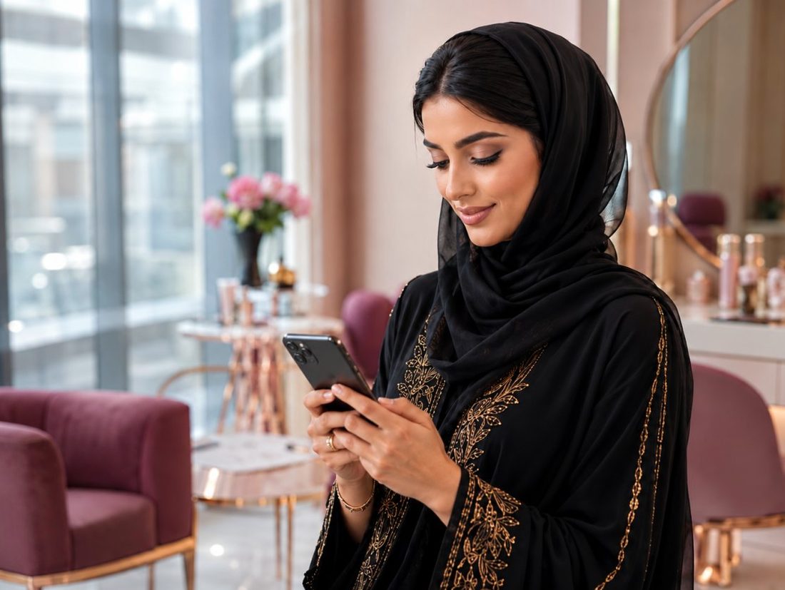 عميلة تحجز موعدها من هاتفها داخل الصالون