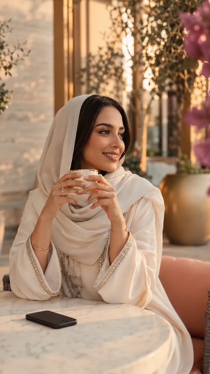 امرأة تستمتع بقهوتها في مقهى