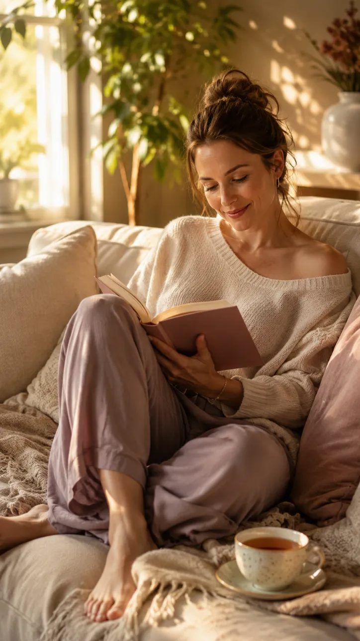 امرأة تقرأ كتاباً على الأريكة