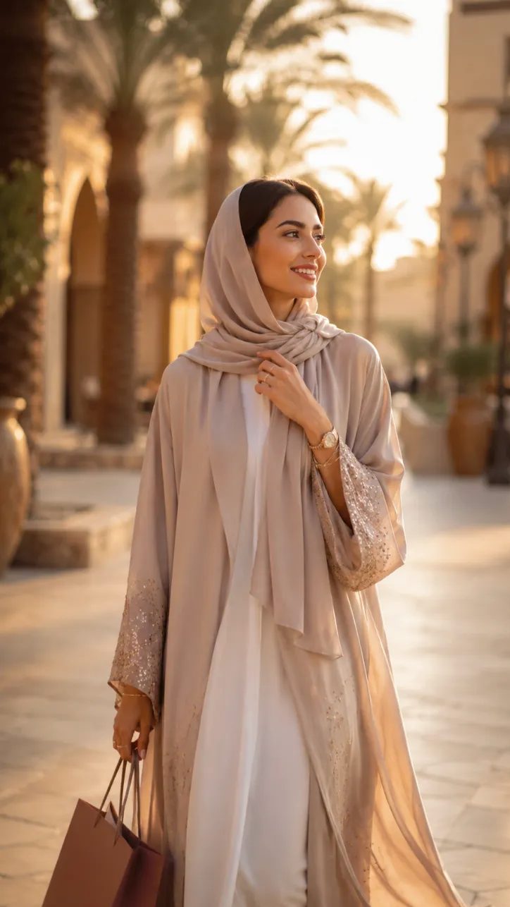 امرأة بعباءة تتنزه عند الغروب