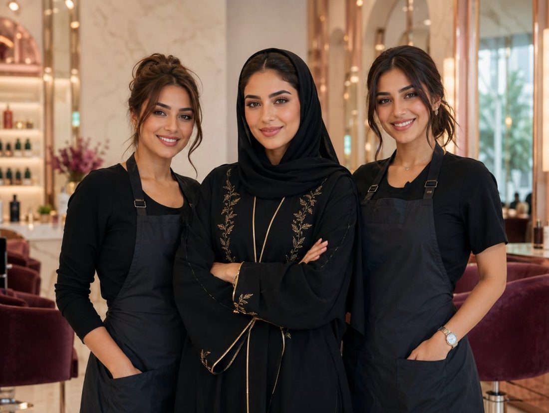 صاحبة الصالون مع فريقها